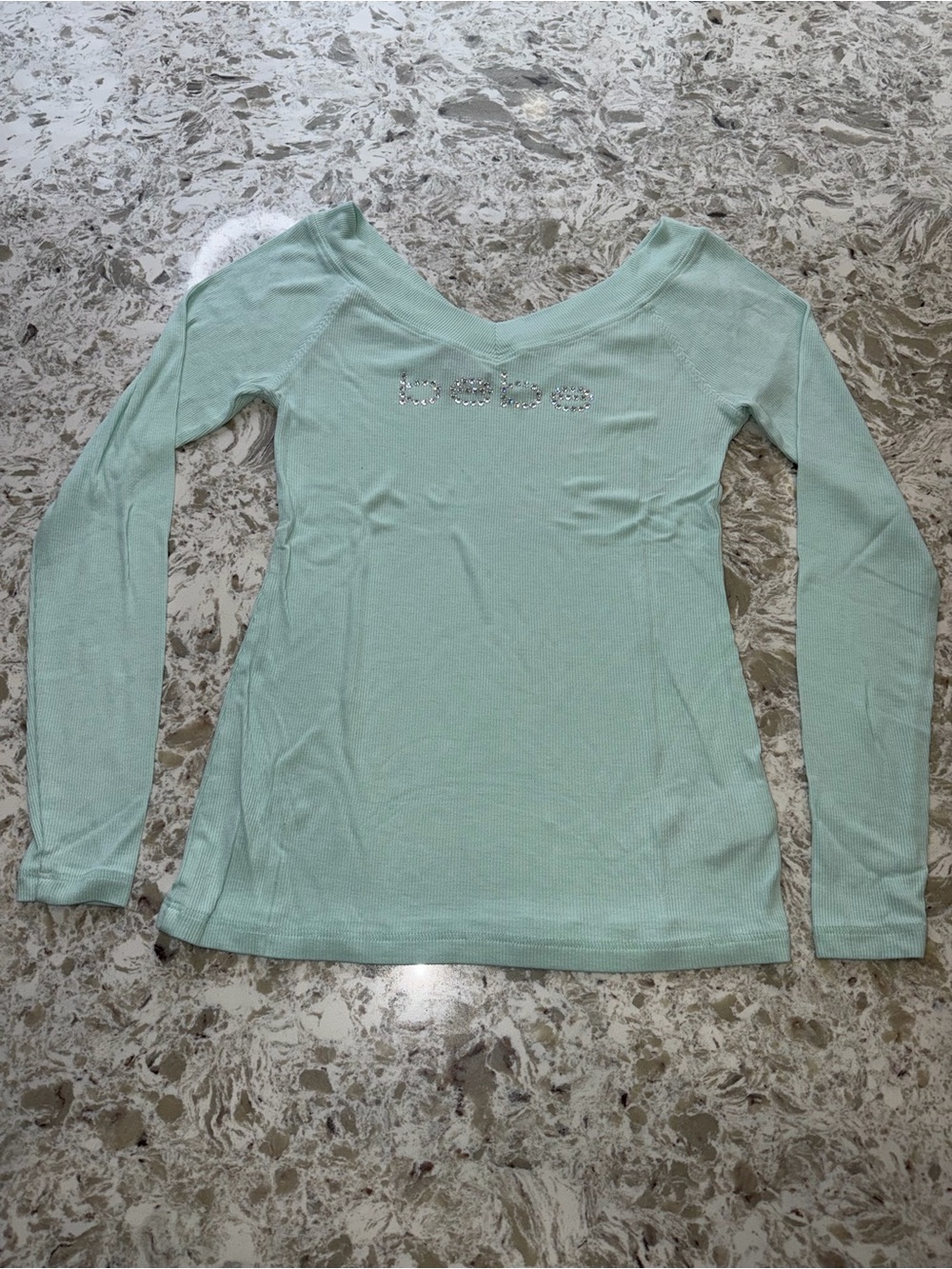 bebe Mint Green Long Sleeve V-Neck Top with Crystal Logo